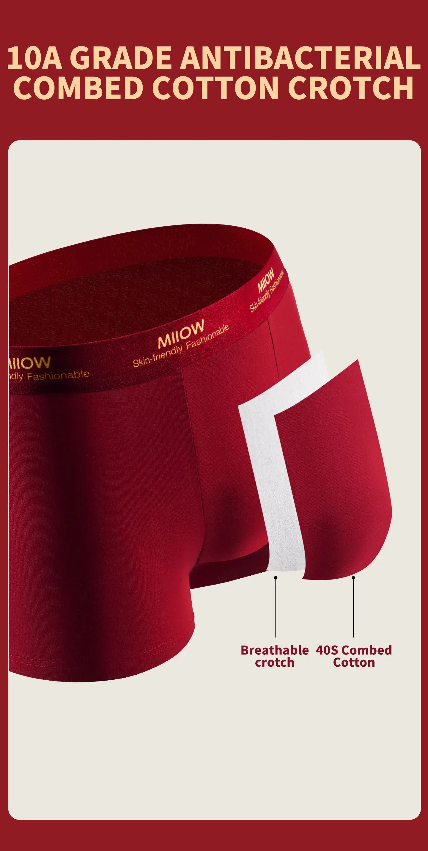 MiiOW 3Pcs Cotton Men Underwear 10A Antibacterial Crotch Men's Panties Breathable Skin-friendly Man Boxers Lucky Red Underpants