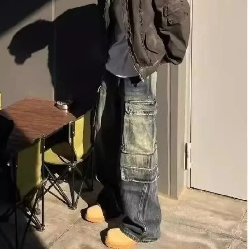 Men's Jeans Loose Fit Cargo Straight Leg Pants Vintage Wash Work Pocket Denim Trouser Man Pants Autumn Retro Streetwear