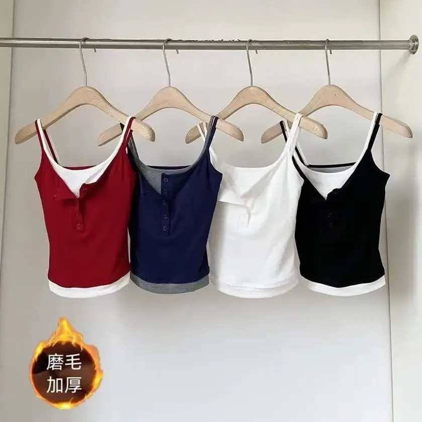 Fashion Fake Two Piece Camisole for Woman Spring Autumn Short Slim Fit Chest Pad Tank Women Korean Street Spicy Girl Clothes