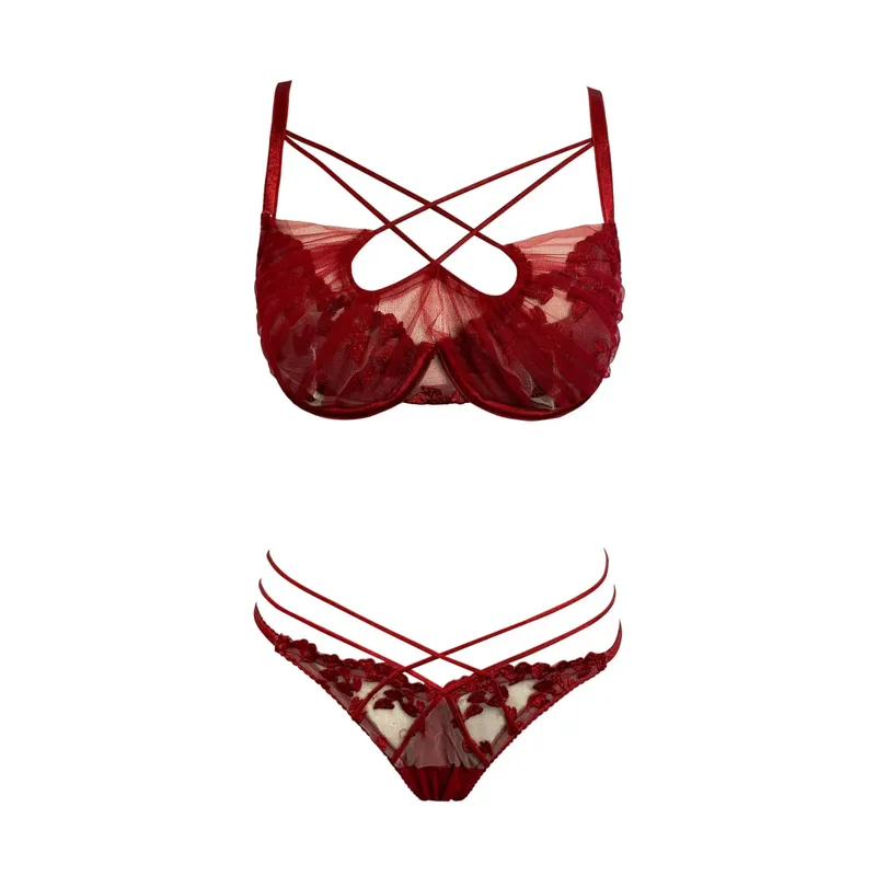 Hot Sale Summer Lace Embroidery Cross Tie Lingerie Set Sheer Mesh Push Up Bra Comfort Daily Wear Underwear Set for Women 32-38