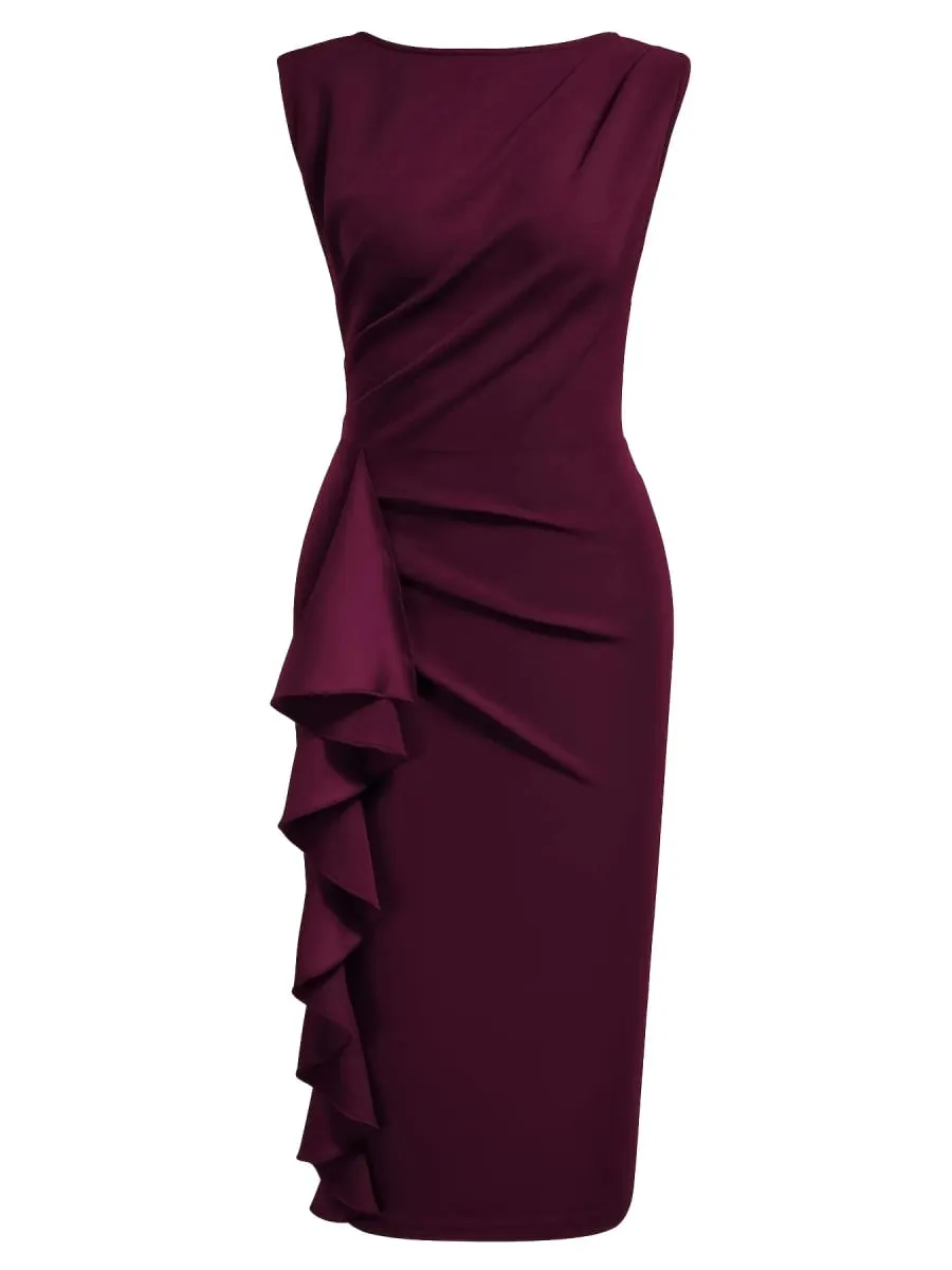 Women Elegant Round Neck Sleeveless Vintage Slim Work Office Cocktail Party Business Ruffle Casual Sheath Bodycon Pencil Dress