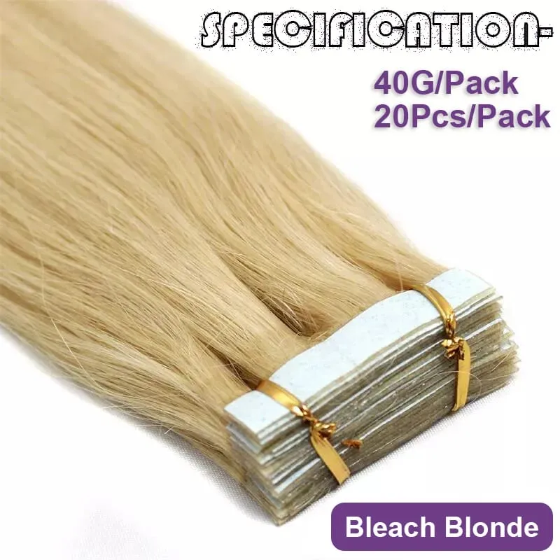 Echthaar-Extensions, Tape-Ins Nr. 613, blond, Tape-In-Haarverlängerungen, Echthaarfarbe, gebleichtes Blondes, Hauteinschlagfaden, nahtloses Tape-Ins