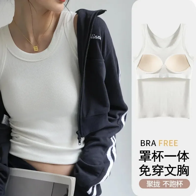 New Women Solid Round Neck Ribbed Tank Top Camisole Women Summer Basic Elastic TankTop One-piece Vest with Chest Pad Y2k