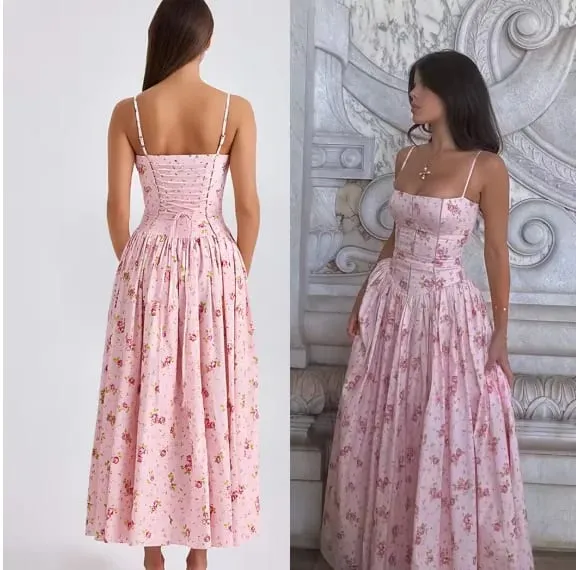 Mingmingxi Women Long Floral Print Spaghetti Strap Maxi Dress Summer Elegant Lace Up Dress Flowy Holiday Party Beach Wear Dress