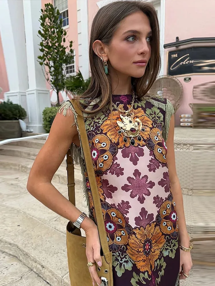 Elegant Printed Women's Dress Fringed Sleeveless Slim Irregular Lady Dresses 2026 Spring Summer Chic Female Holiday Robe