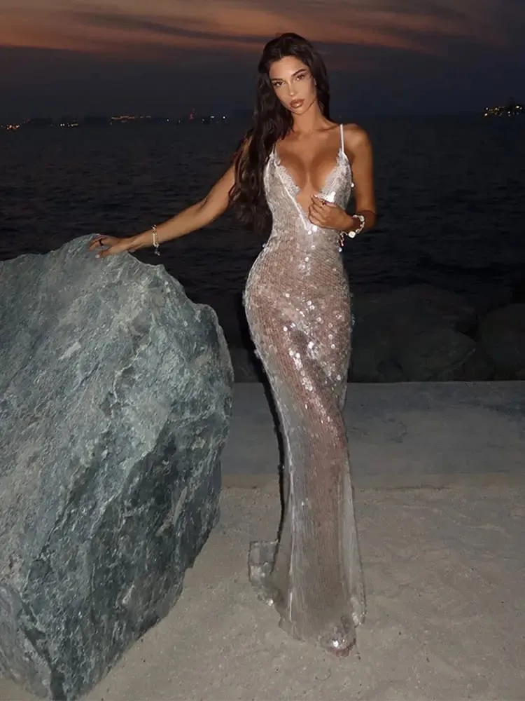 Sexy Women's Dress Halter Sequin Shinny Slim Hip Package Female Transparent Dresses 2026 Early Spring Beach Holiday Lady Robe