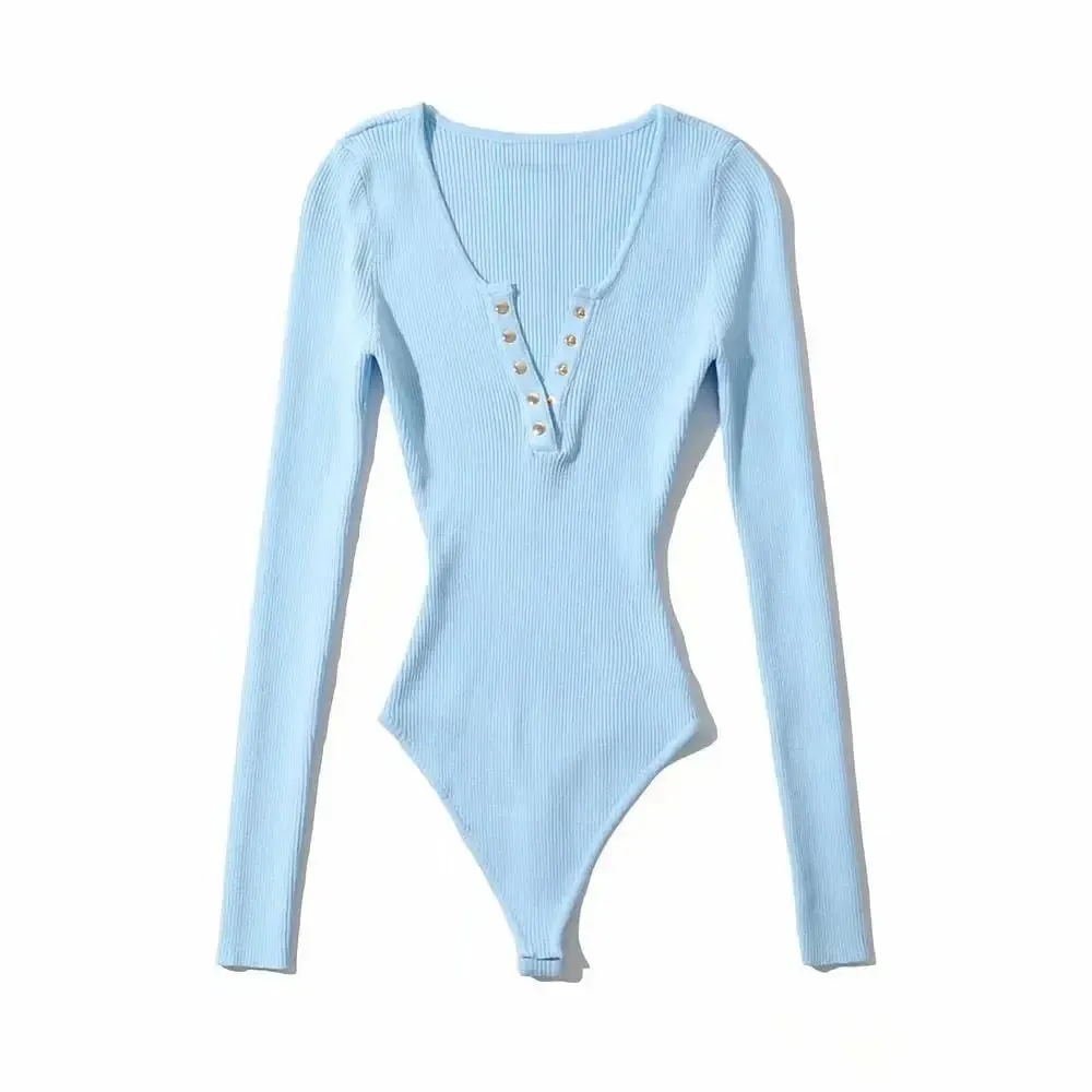 Long Sleeve Gold Button Detail Slim Fit V-Neck Bodysuit Sexy Elegant Wear Spring Autumn Women's Trendy Ribbed Knit Bodysui