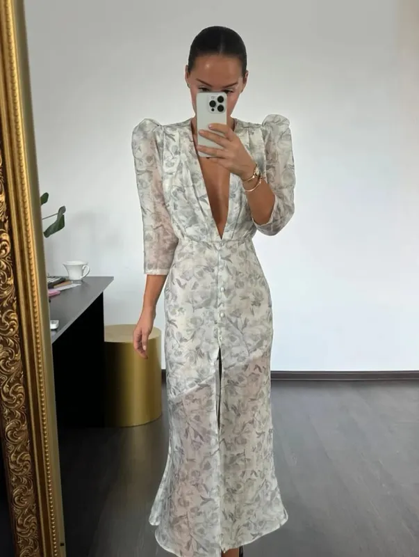 Chic Puff Sleeve Flora Printed Maxi Dress V-neck Waist Cinching Split Elegant Women's Dresses for Party 2026 Female Clothing New