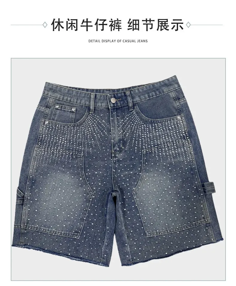 Pants Denim Men Jeans Knee Length Hot Drilling Vintage Washed High Waist Straight Trousers Y2k Streetwear Splice Casual 2026
