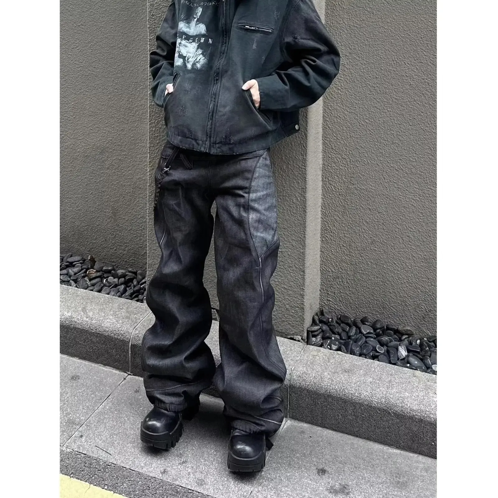 Men's 2025 Fall Trendy Streetwear Black Gray Straight Leg Denim Jeans American Vintage Flared Zippered Floor-Length Pants — image 5