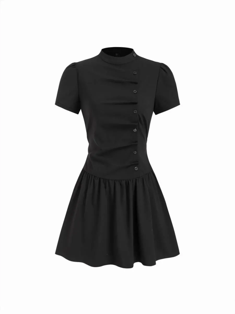 Women's Vintage Plaid A-Line Dress Short Sleeve Stand Collar Button down Pleated Mini Dress Casual Elegant Fashion