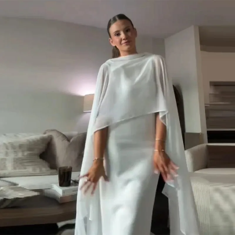 Stylish White Shawl Slim Fit Maxi Dress Women Elegant Cape Sleeve Round Neck Bodycon Vestido 2026 Lady Summer Chic Party Robes