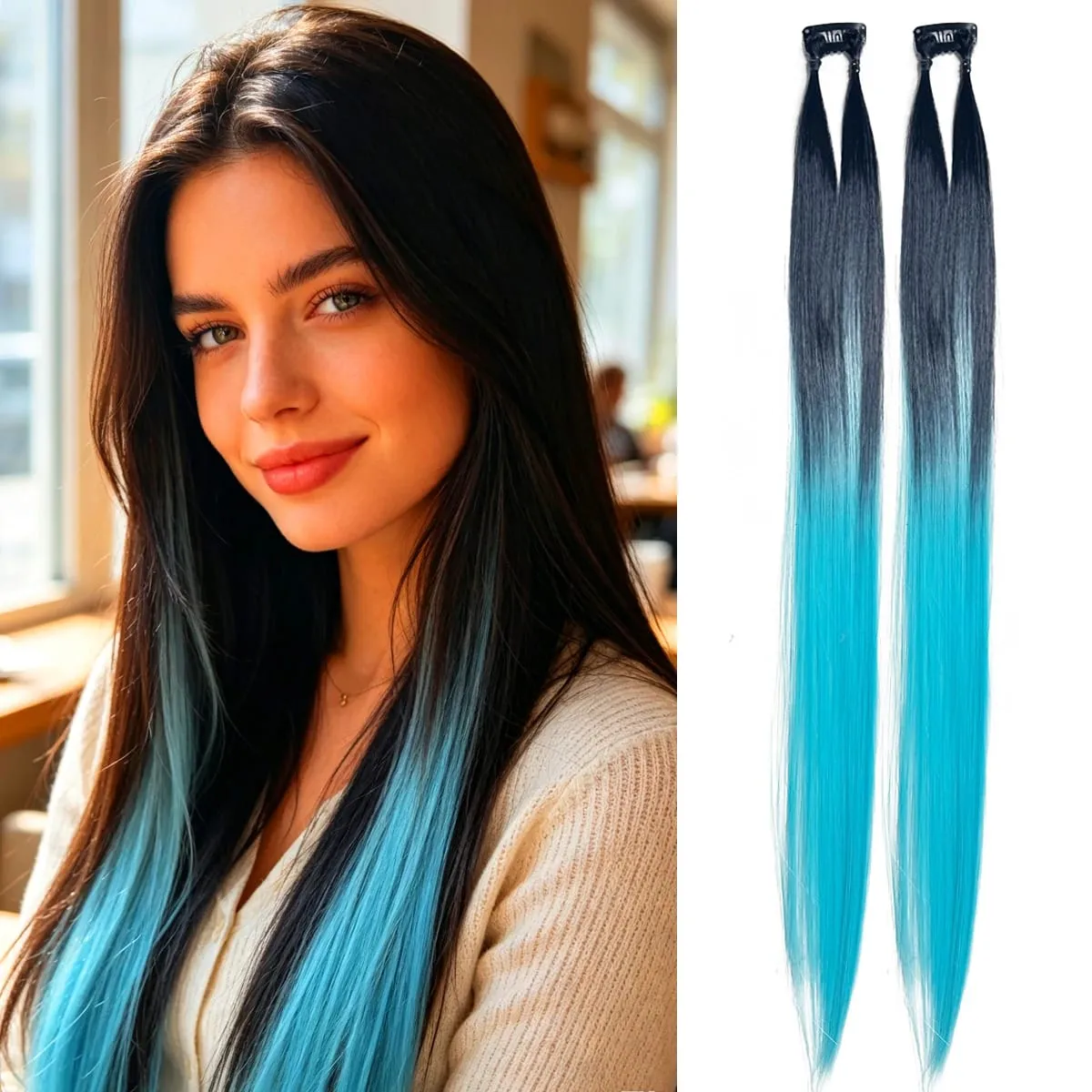 Clip‑in Hair Extensions Long Straight Ombre Synthetic Hair Pieces 2Pcs/Set Fashion Highlight Hair For Women Hair Accessories