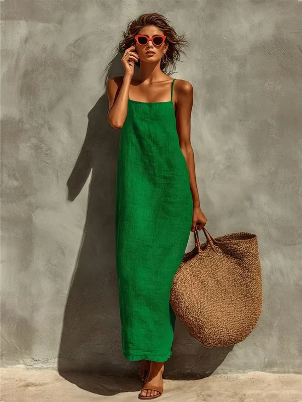 2026 Summer Women Cotton Linen Spaghetti Strap Maxi Dress Solid Color Loose Sleeveless Slip Long Dress Bohemian Beach Vacation S
