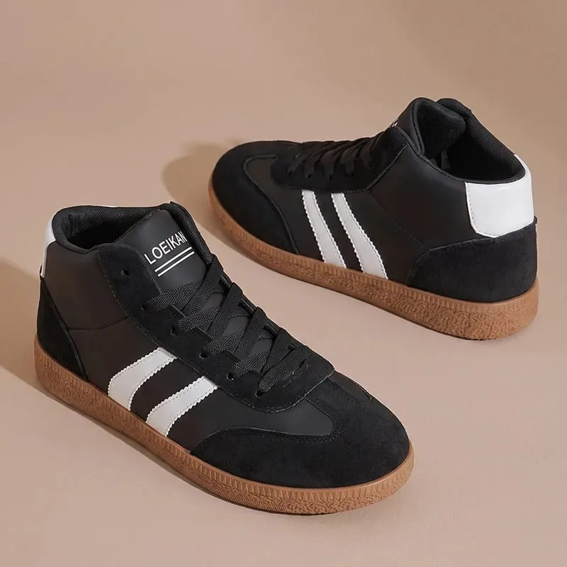 Unisex High Top Retro Sneakers Striped Patchwork Lace‑up Soft Rubber Sole Daily Casual Board Shoes for Men Women