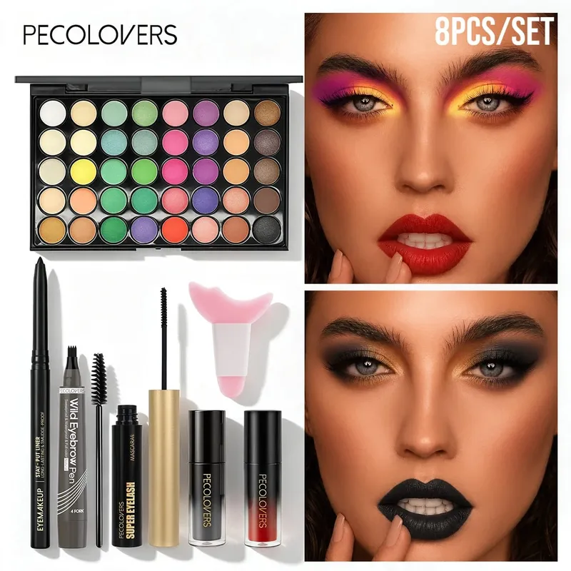 Kit de maquiagem multifuncional, 8 peças, conjunto de cosméticos de rosto inteiro com paleta de sombras multicoloridas, delineador, caneta de sobrancelha, rímel, brilho labial