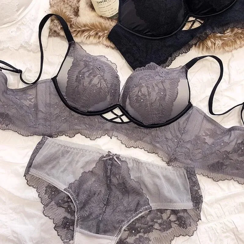 Lenceria Para Damas weiße Spitzen-BH- und Höschen-Sets für Damen, Push-Up, drahtlos, nahtloses Dessous-Set, schwarze, ausgehöhlte Unterwäsche