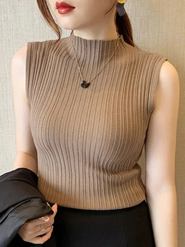 2026 Summer Turtleneck Ribbed Tank Tops Women Camisole Sleeveless Slim Female Stripe Croped Vest Casual Solid Camis Top