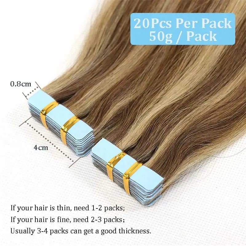 Blonde Highlight Tape In Human Hair Extensions For Women 20Inch Ash Brown Invisible Straight Hair Tape In Extensions 20Pcs/Pack
