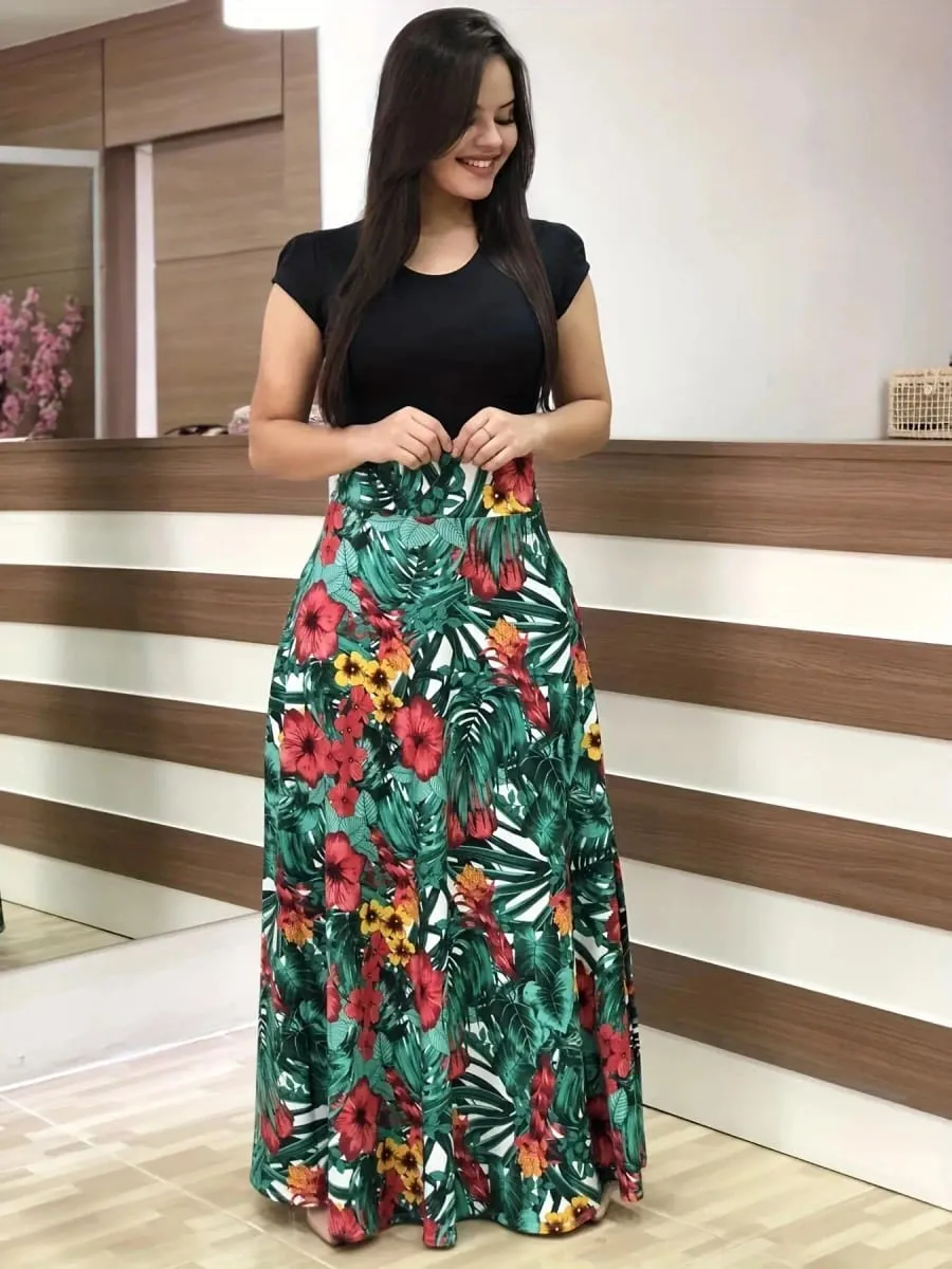 2024 Vestido de manga corta a juego con estampado de flores de estilo europeo y americano para mujer, falda con vuelo grande