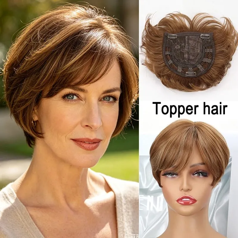 Synthetic Short Toppers Hair for Women Fluffy Covering Volume Hair Pieces With Bangs Fake Hairpiece for Thin Hair