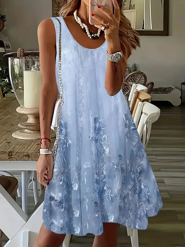 2026 Summer Women's Sleeveless Dresses Knee-Length Round-Neck Dresses Beach and Vacation Casual Dresses Printed Women's Dresses