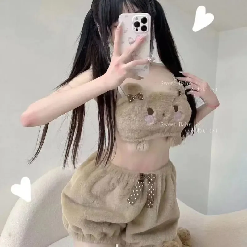 N1 Plush Bear Winter Warm Bra Set Japanese Girl Soft Sweet and Cute Cartoon Pumpkin Pants Students Plush Sexy Bras Wireless Thin