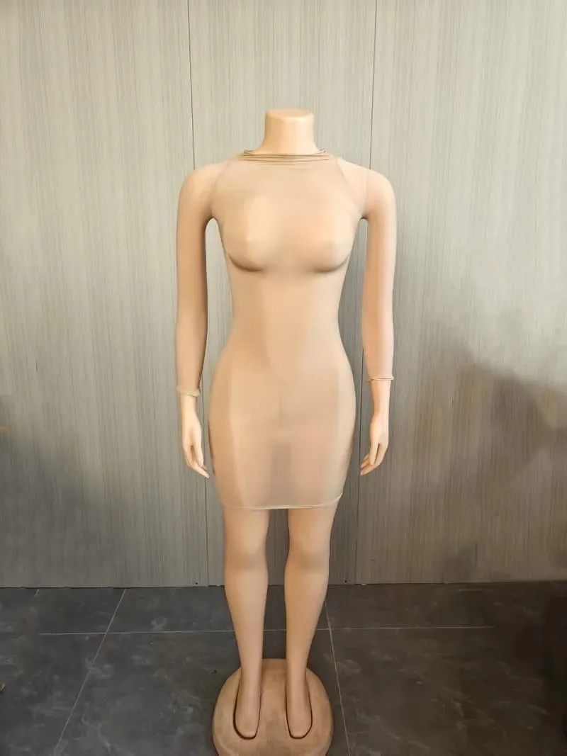Oil Shiny Seamless Body Stockings Bodycon Mini Dress Women See Through O Neck Long Sleeve High Stretch Silky Glossy Clubwear