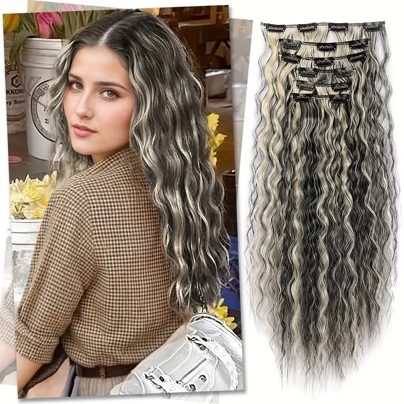 22Inch Synthetic Long Kinky Curly Hair Extension 6pcs/set Clip in Fluffy Hairpiece for Women Daily Use