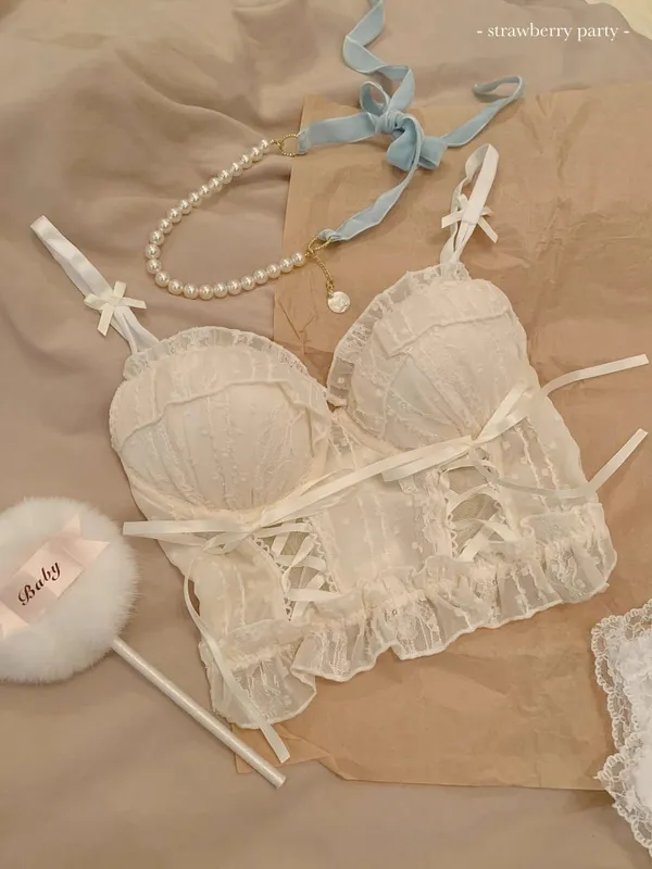 Womens Japanese Style Lolita Lace Tie‑Up Wireless Bra Anti Sagging Push Up Shaping Sweet Cute Lingerie 32‑38 Bra Set