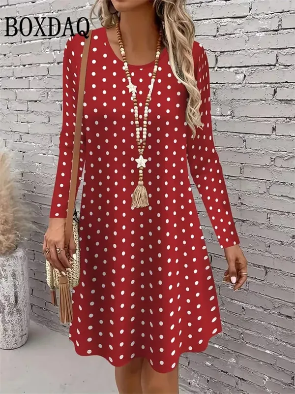 Polka Dot 3D Print Dresses For Women 2026 Autumn Fashion Long Sleeve A-Line Dress Women Casual O-Neck Loose Home Dress Vestidos