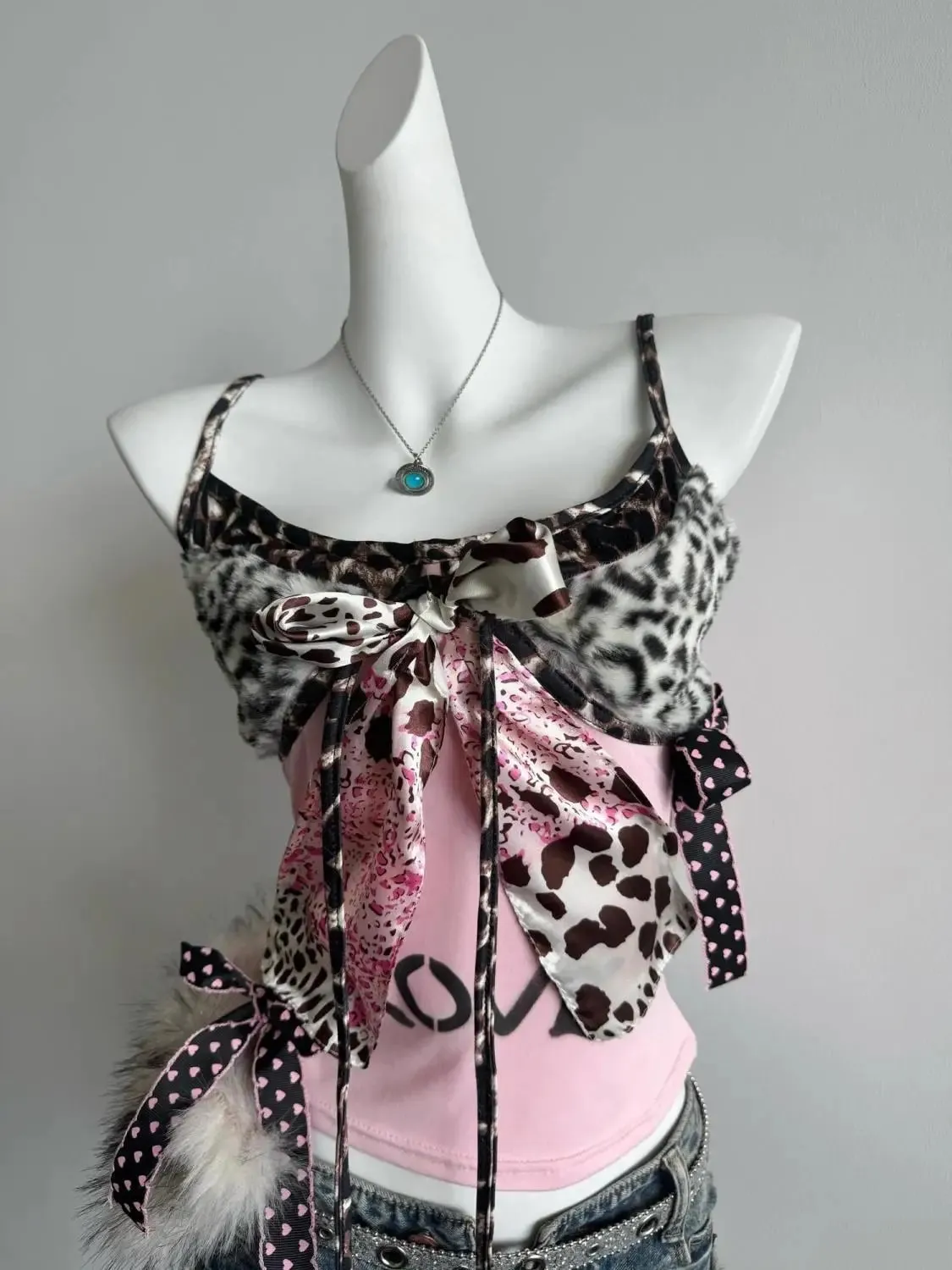 American Harajuku Hottie Camisole Subculture Leopard Patchwork Bow Halter Vest Y2K Aesthetic Letter Print Tanks Women's Slim Top