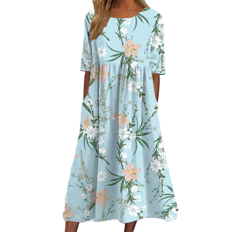 2026Summer New Arrival Women's Casual Crew Neck Pocket Short Sleeve Printed Dress