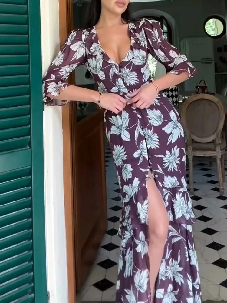 Organza Floral Printed Maxi Dress V-neck Puff Sleeve 2026 Spring/summer Romantic Women Party Gown Fashion Elegant Lady Vestido