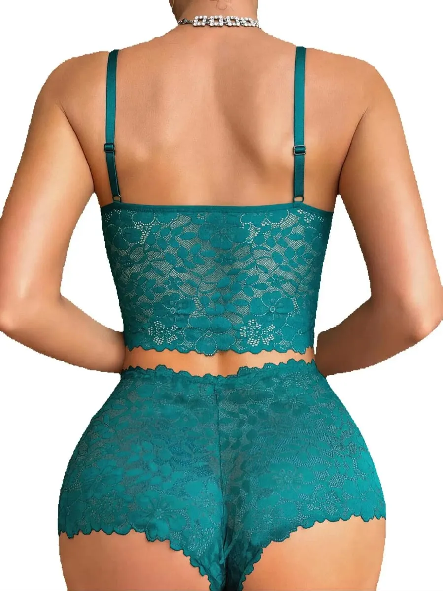 Sexy Lace Women's Underwear Set Wireless Unlined Bra Breathable Sheer Panties Solid Lingerie Set