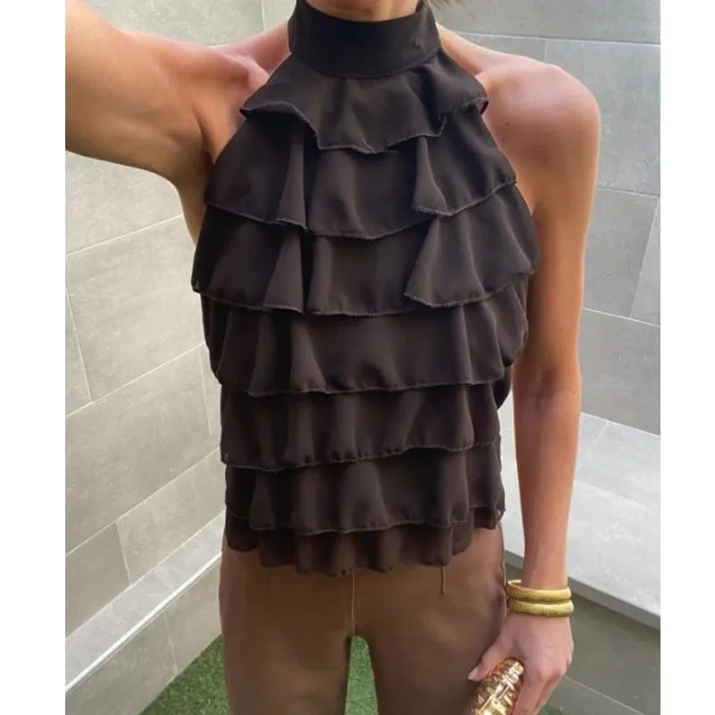 Ruffle Halter Top Women off Shoulder Backless Tops for Women Summer Sleeveless Tops Woman Sexy Camisole Crop Top Female