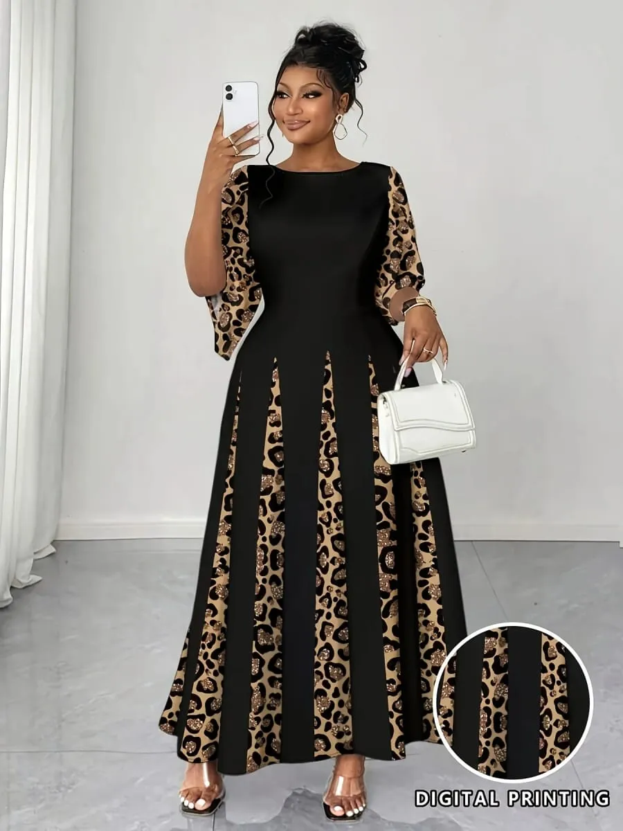 Elegant Leopard Print Maxi Dress Plus Size Fashionable Long Sleeve Gown Comfortable & Stylish Women's Clothing