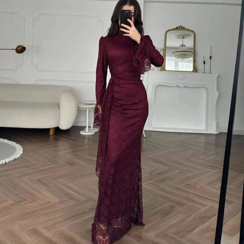 Women Lace Fitted Dresses Solid Evening Dress H Line Ankle Lenth Bell Sleeve Waist Cinch Slim Fit Party Sexy Elegant 2026 Summer