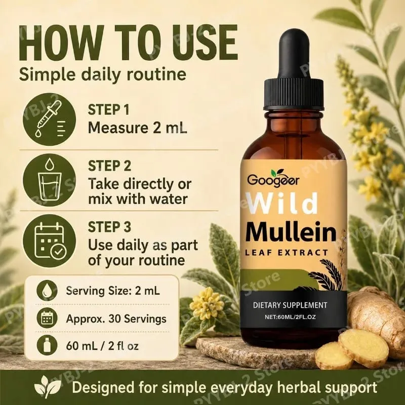 Mullein Liquid Drops 60ml na may Wild Mullein Leaf Extract at Ginger Support Lung Health & Clean Impurities Plant Supplement — image 5