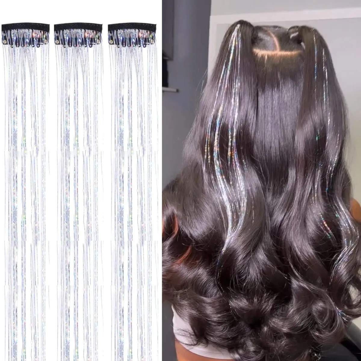 Hair Tinsel Clip in Dreamy Colorful Fairy Hair Tinsel Kit 24 Inch Glitter Clip in Hair Extensions for Girls Women Synthetic