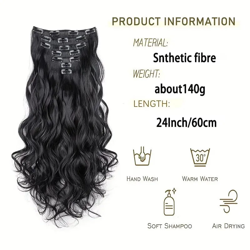 24Inch Synthetic Long Wavy Curly Hair Extension 7pcs/set Soft Invisible Cilp Thick Fluffy Hairpiece for Women Daily Use