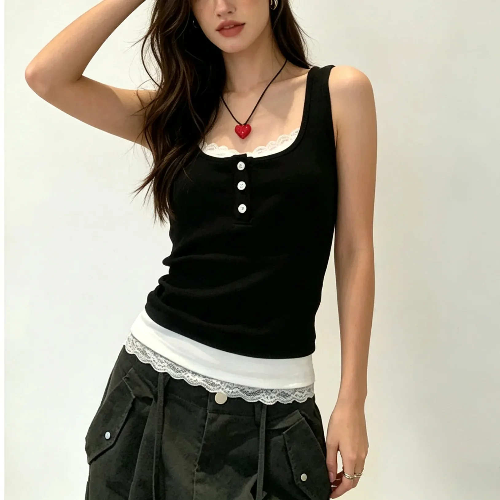Women Fake Two Piece Lace Trim Tank Tops With Built-in Bra Pads Ribbed Viscose Sleeveless Camisole Slim Fit Crop Vest A6493