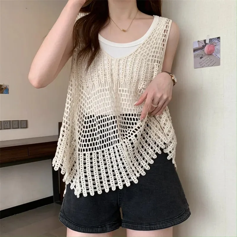 Boho Crochet Top Hollow-out Lace Sleeveless Knitted Tank Cami Women Summer Camisole Beach Cover-Up Resort Wear — image 1