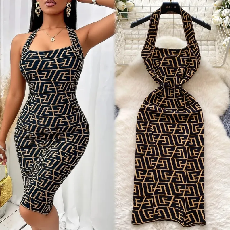 YuooMuoo Brand Fashion Summer Letters Knitted Halter Mini Dress Sexy Wrap Hips Backless Bodycon Party Dress Streetwear Outfits