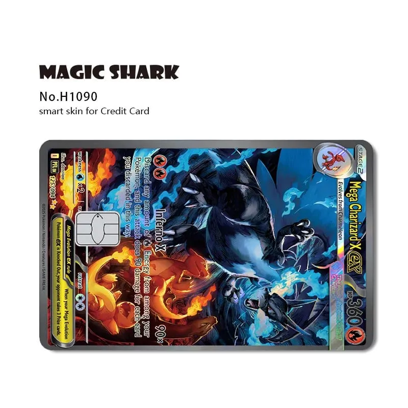 Magic Shark Mew Charizard EX Eevee Gengar Pikachu TCG Card Holographic Laser Skin Film Sticker for Bank Credit Card