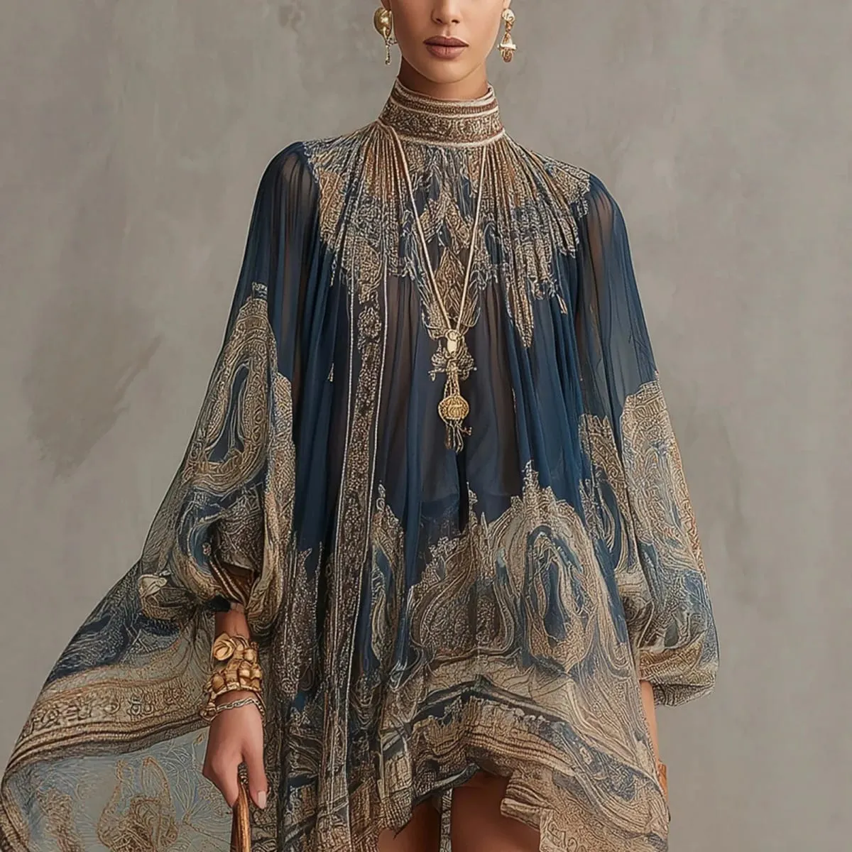 New European-style High-neck Printed Chiffon Dress with Loose Casual Vacation-themed Shawl Sleeves.