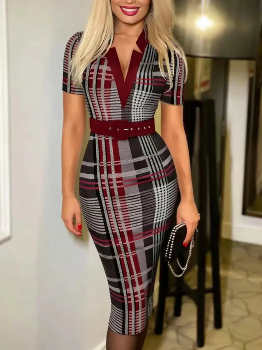 Dames sexy midi-kokerjurk met geometrisch patroon, V-hals en riem, gebreide bodycon-jurk met lange mouwen, geschikt voor alle seizoenen
