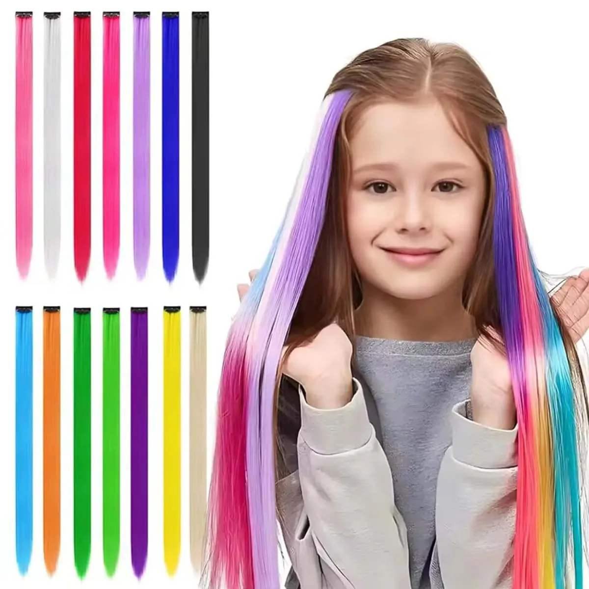 Syntetisk 10PCS Clip in Hårförlängningar för kvinnor Flickor Barn Färgade Fest Höjdpunkter Extensions Flerfärgade rakt hår