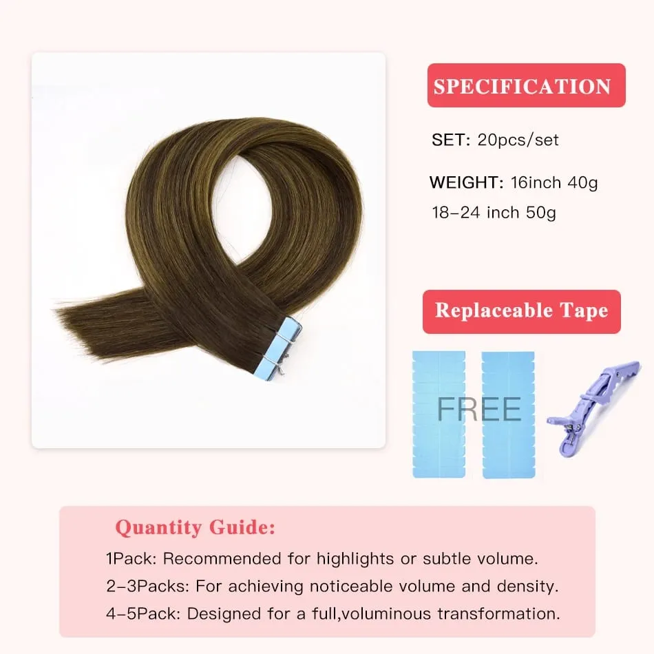 Natural Hair Tape in Extensions 100% Remy Human Hair Extensions Straight Balayage Brown Seamless Glue On Hair For Woman 20pcs
