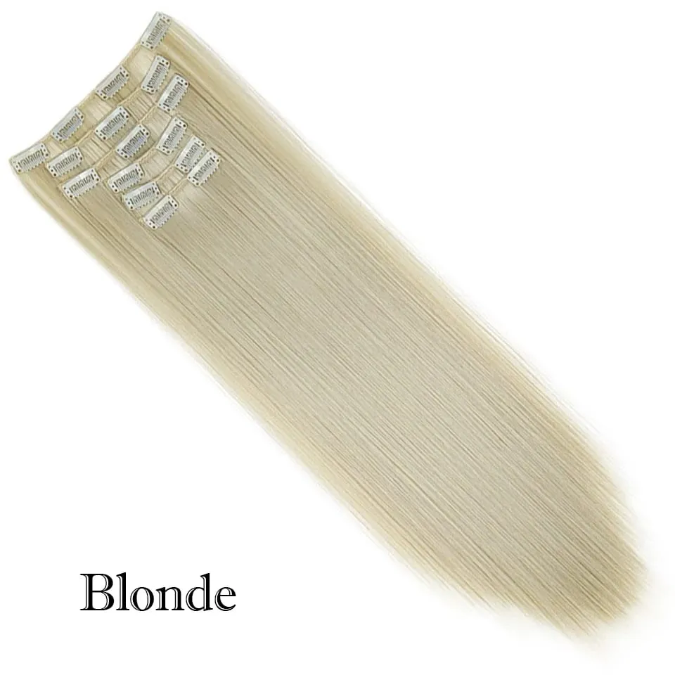 6Pcs/Set Clip In Hair Extension Synthetic Highlights Blonde Long Straight Hairpiece Full Head Thick Hairpieces for Women Girls